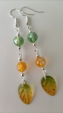 Drop / Dangle Orange & Green Glass Leaf Earrings - Silver Plated