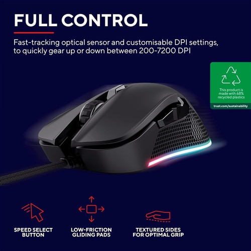 Trust Gaming GXT 922 Ybar Gaming Mouse, 68% Recycled Materials, 200-7200 DPI, 6 - Picture 2 of 12