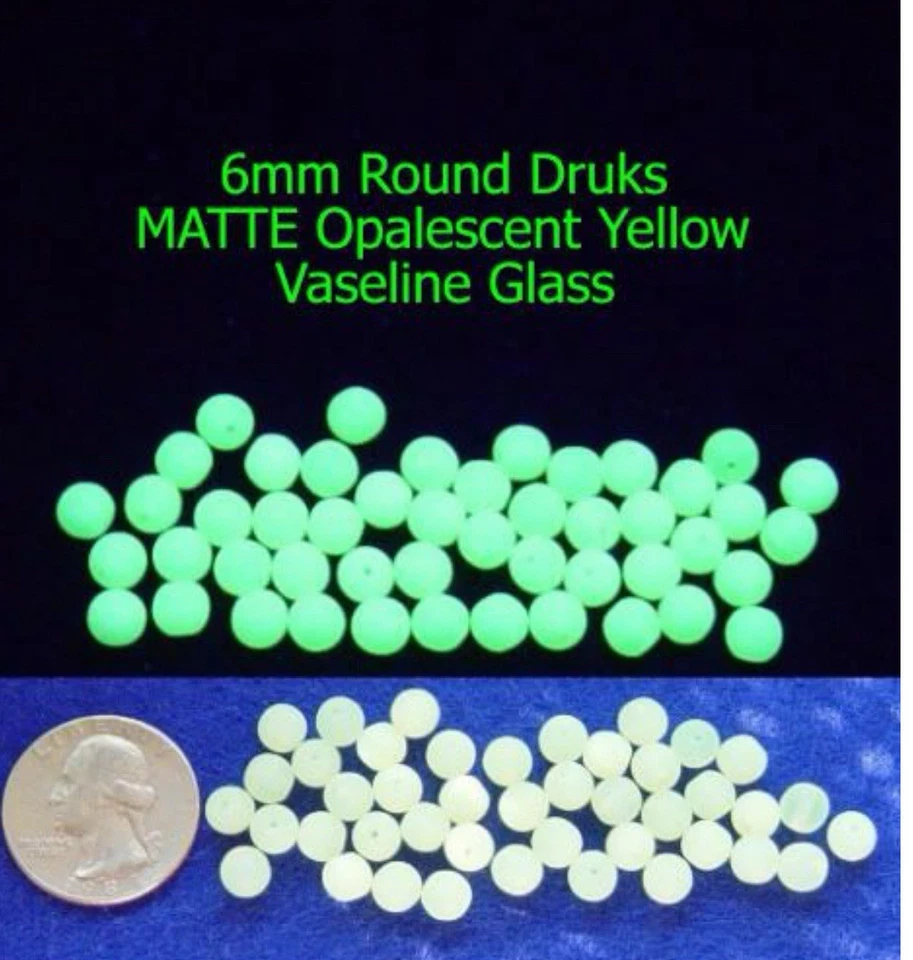 25 Pcs - 6mm Round Druks Czech OPALESCENT Yellow VASELINE/URANIUM GLASS BEADS