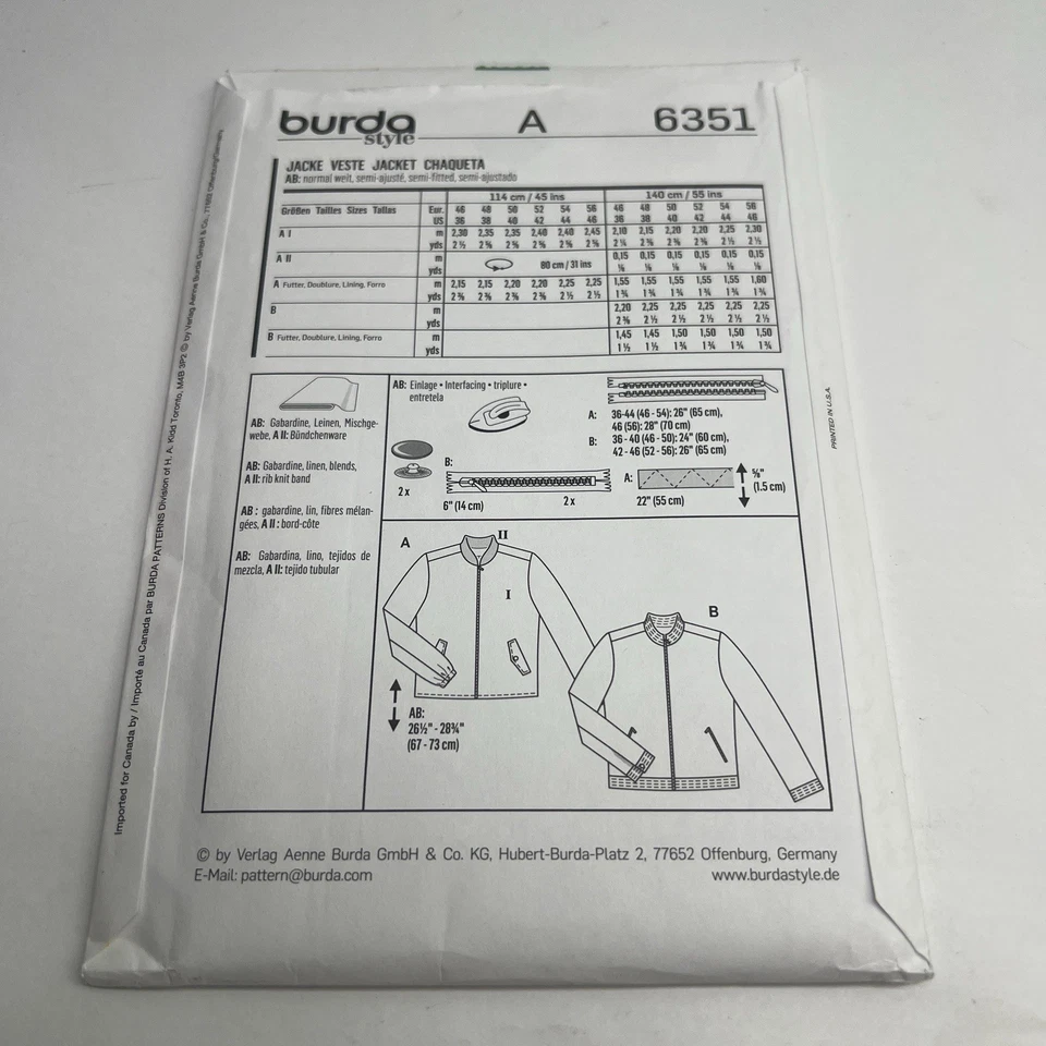 Burda Sewing Pattern 6351 Mens Jacket Sewing Pattern Size US 36-46 EUR 46-56 - Image 2 of 4