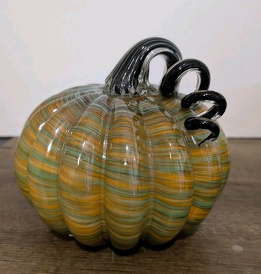 Hand Blown Art Glass Pumpkin W/ Orange/Green/Brown Swirl & Curled Stem