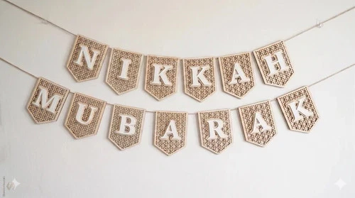 Wooden Nikkah Mubarak Bunting Banner Rattan Cane Boho Islamic Wedding Decoration