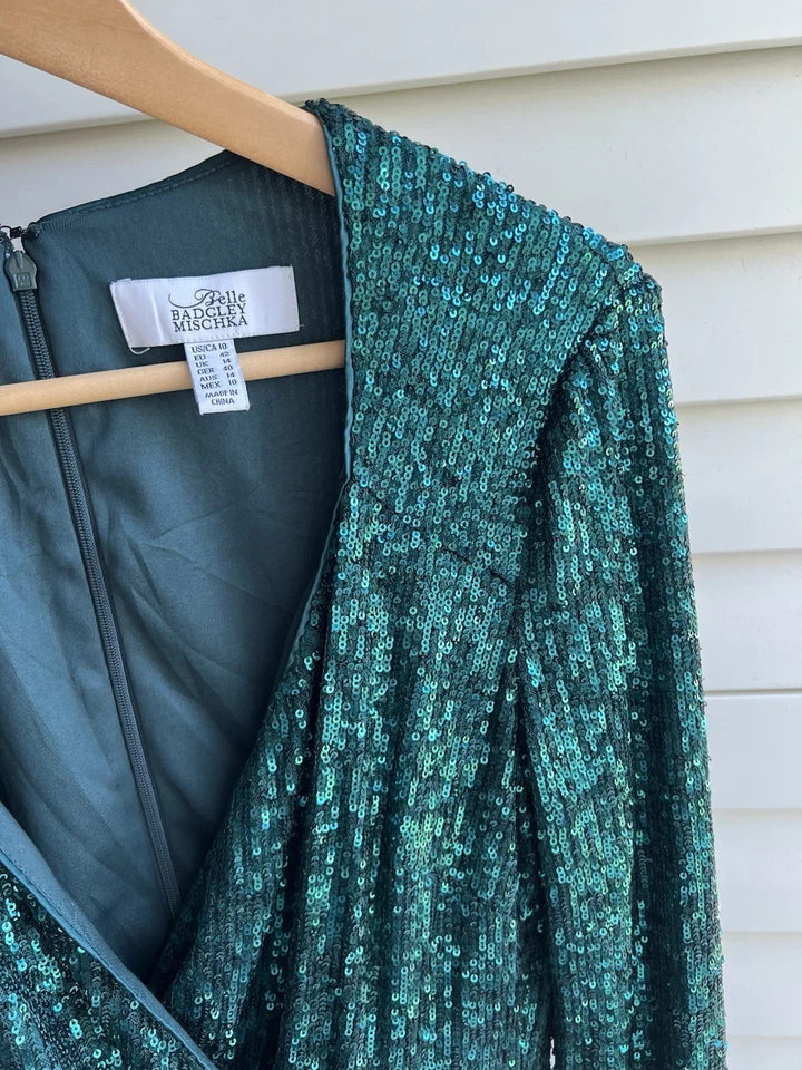Belle Badgley Mischka Size 10 Sequin Wrap Mini Dress Emerald Green Party Holiday - Image 3 of 4