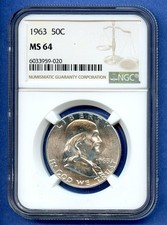 1963 P NGC MS64 Franklin Silver Half Dollar 50c US 1963-P MS-64 Blast White