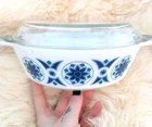 vtg rare 70s blue sea lily pattern decor pyrex JAJ England casserole dish & lid
