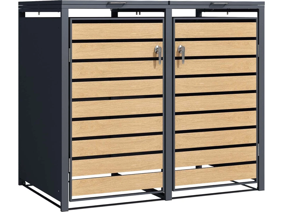 SCHARTEC Mülltonnenbox 2er Metall Holz 240l Mülltonnenhaus Mülltonnenverkleidung - Bild 3 von 4