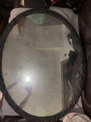 Antique Carved Black Wood Floral Oval Mirror Victorian Gothic Deco READ 28 X36 
