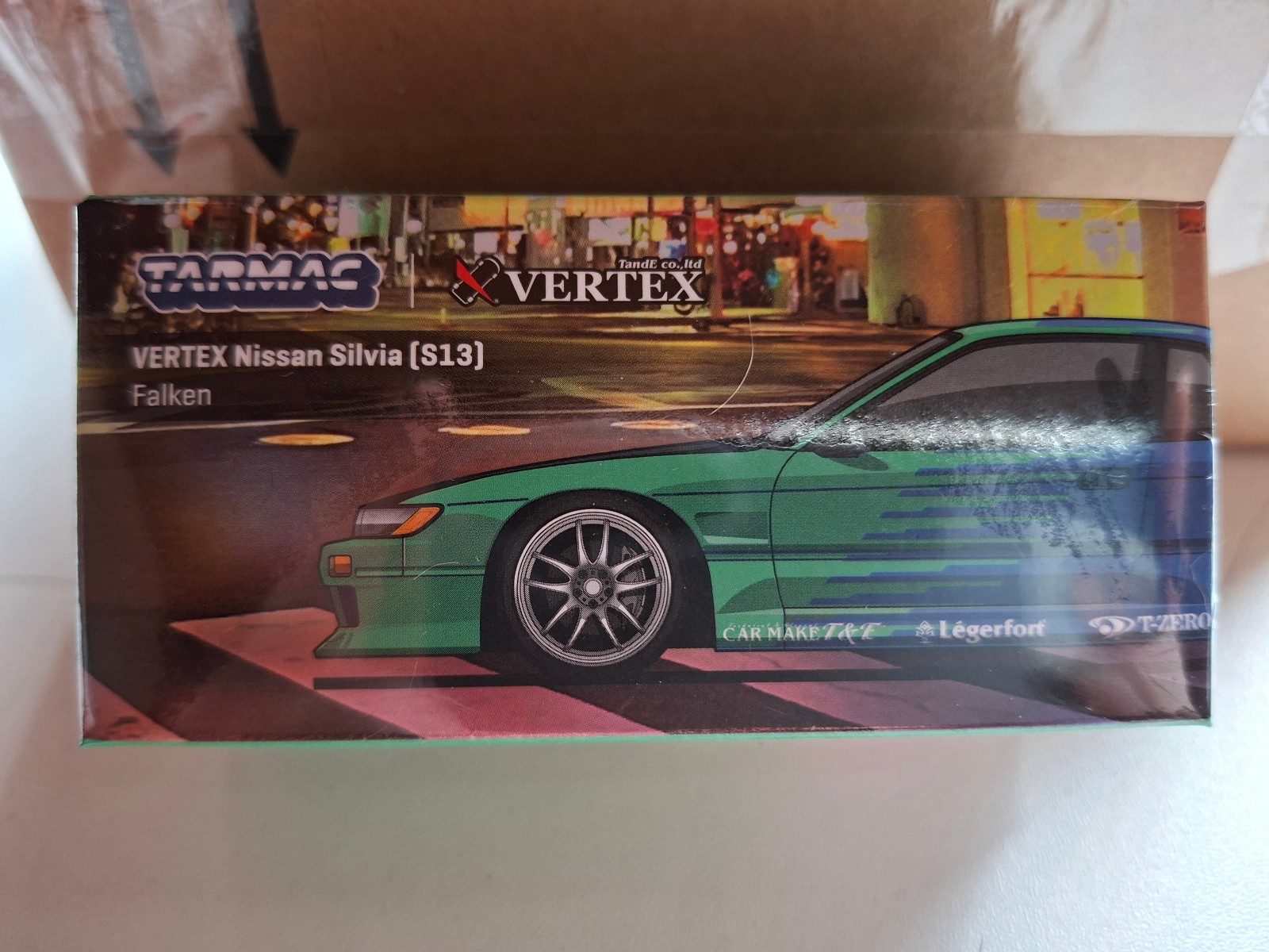Nissan Silvia S13 Tarmac miniature Vertex Falken drift voiture de sport 1/64 verte NP49