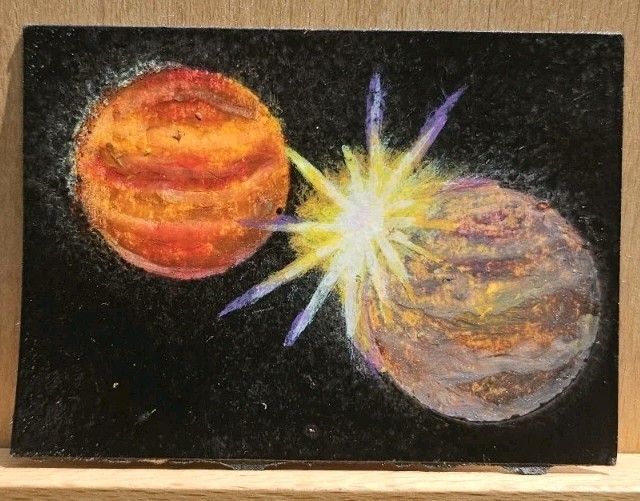 ACEO Original Space Planet #1 Oil Pastel & Acrylic  Glitterarcadestudio
