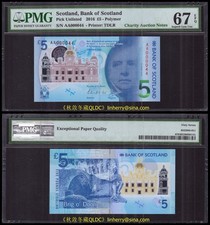 Scotland, Bank of Scotland 5 Pound, 2016, Polymer, AA Prefix + Low Number, PMG67