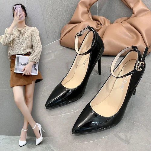 Sandali decolte donna cinturino alla caviglia tacco a spillo a punta fibbia festa tacco alto  - Foto 6 di 15