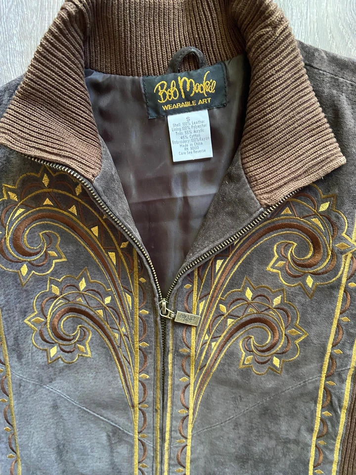 Bob Mackie Art To Wear Chaqueta de Cuero Marrón Talla S Bordada Boho Funky Foto 2 de 4