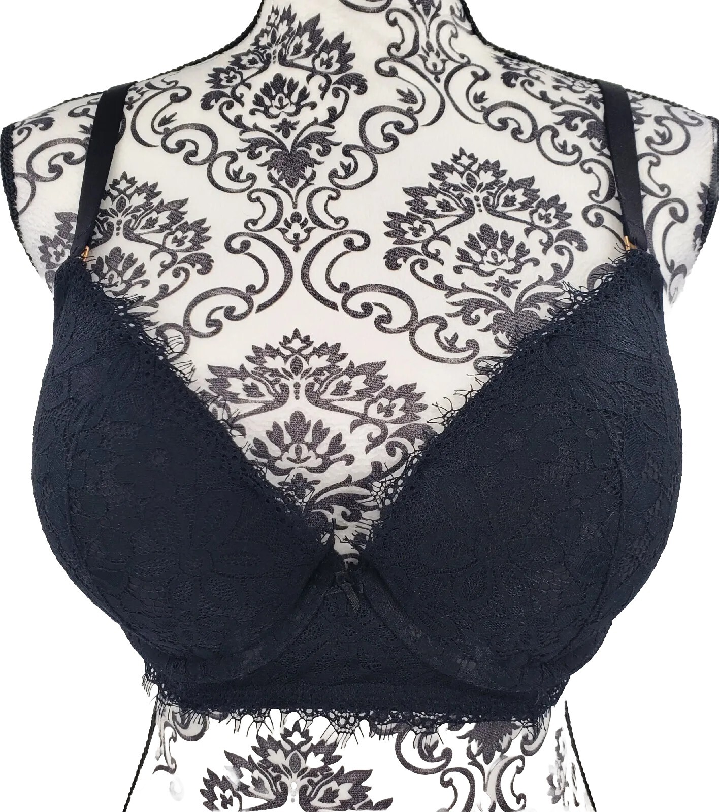 Aerie Real Power Plunge Push-up Black Lacey Lace Overlay Bra Size 36D Great