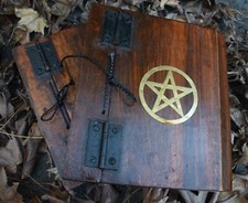 Large Wooden Book of Shadows with Pentagram and Recycled Paper Pages Journal