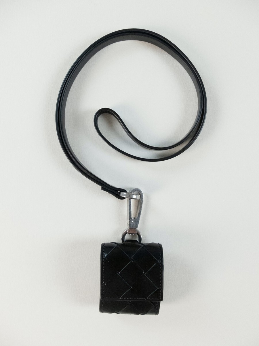 BOTTEGA VENETA solid black woven leather Airpods case with strap