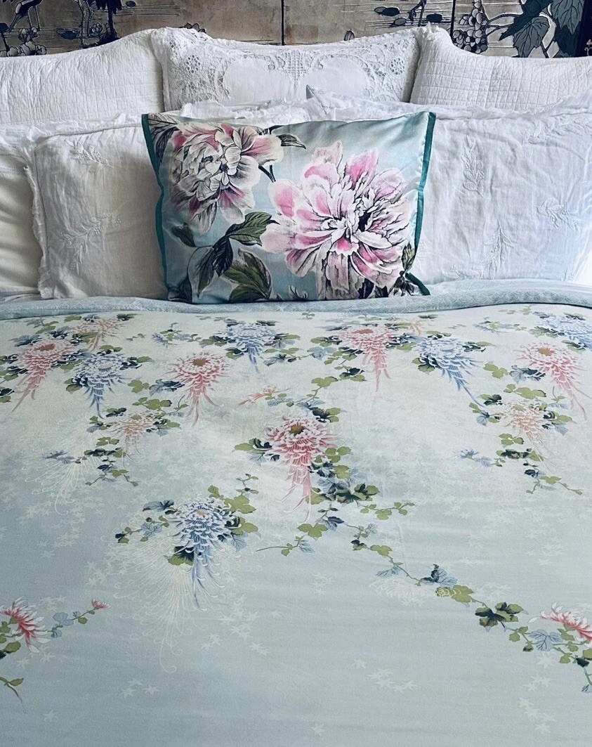 Vintage Cotton Sateen Queen Shanghai Duvet Cover Aqua Zen Asian Floral NWOT
