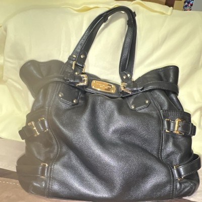 Michael Kors Black Pebbled Shoulder Bag, Buckle Accent, Gold Hardware, Pockets