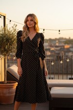 MANGO black dotty 3/4 sleeve V neck long formal maxi dress size 10 NEW