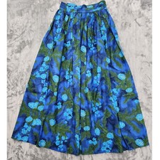 Vintage 40s 50s VIP Fabrics Skirt Womens S Blue Green Floral Pleated Maxi Zip