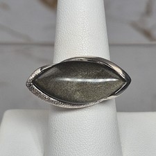 Modern Sterling Silver 925 Gold Sheen Obsidian Oblong Marquise Ring Sz 8.25
