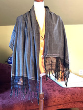Boho Black w/White Weave Med/Heavy Scarf Shawl Wrap Amazing Fringe 73" x 25"
