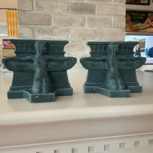Rookwood Pottery Egyptian Winged Turquoise Glaze Bookends 1920’s Marked Super !