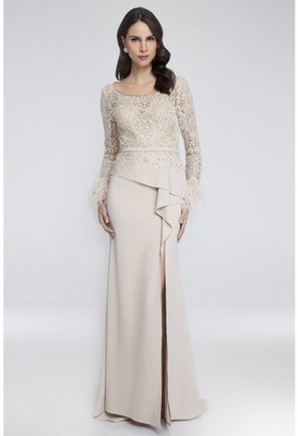 Terani Couture Evening Feather WRST BND Champagne Dress Size 4 