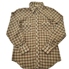 Vintage Levi  s Pearl Snap Button Brown Plaid Western Shirt Long Sleeves Men  s M