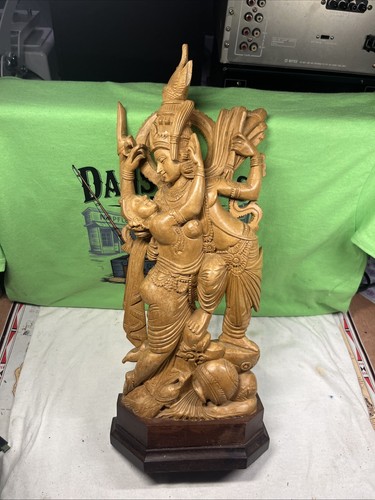 Vintage 16” Hand-carved wooden statue of Radha and Krishna Free Ship