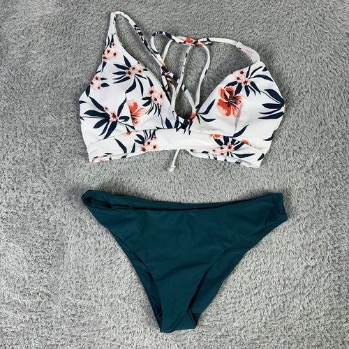 Shein Women's Bikini L Racerback Top M Cheeky Bottom White Teal Floral - Picture 1 of 11