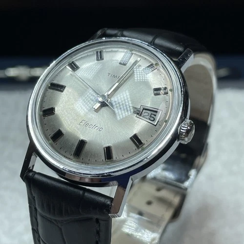 Vintage 1969 Timex Electric Date Watch Silver Sunburst 9617 4169 Running