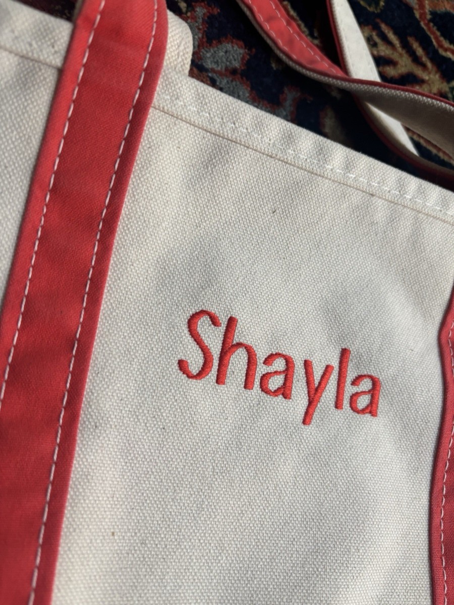 Vintage ll bean Tote Ivory & Deep Fuchsia Pink Embroidery Shayla Name View 2