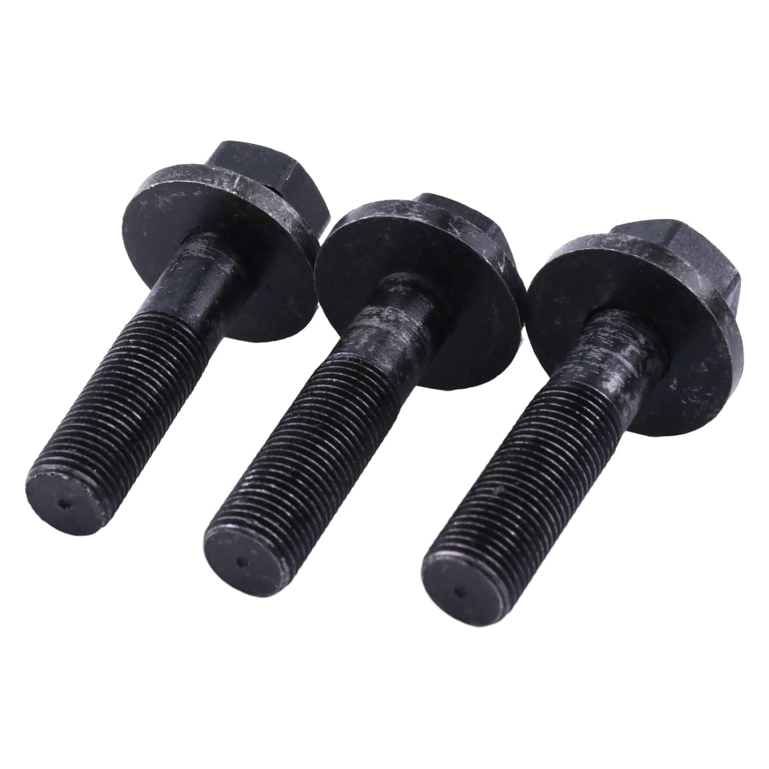 Three black hexagon-threaded blade bolts with worn metal finish, standing upright against a plain white background.