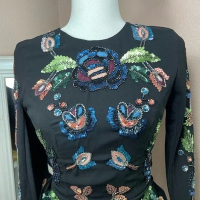 Needle & Thread NWT Black Sequin Floral Embellished Long Sleeve Mini Dress US 2