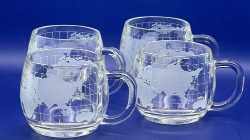 SET OF 4-- Vintage Nestle' Etched Clear Glass World Globe/Map Coffee Mugs Cups