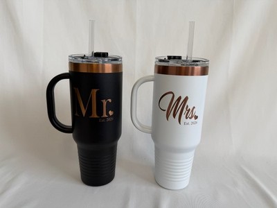 40oz Mr Mrs Tumbler with handle and straw- 2pc Set Rose Gold