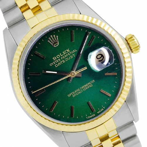 Rolex Datejust 16233 Two-Tone Green Index 18KY Fluted Bezel Jubilee Band Watch