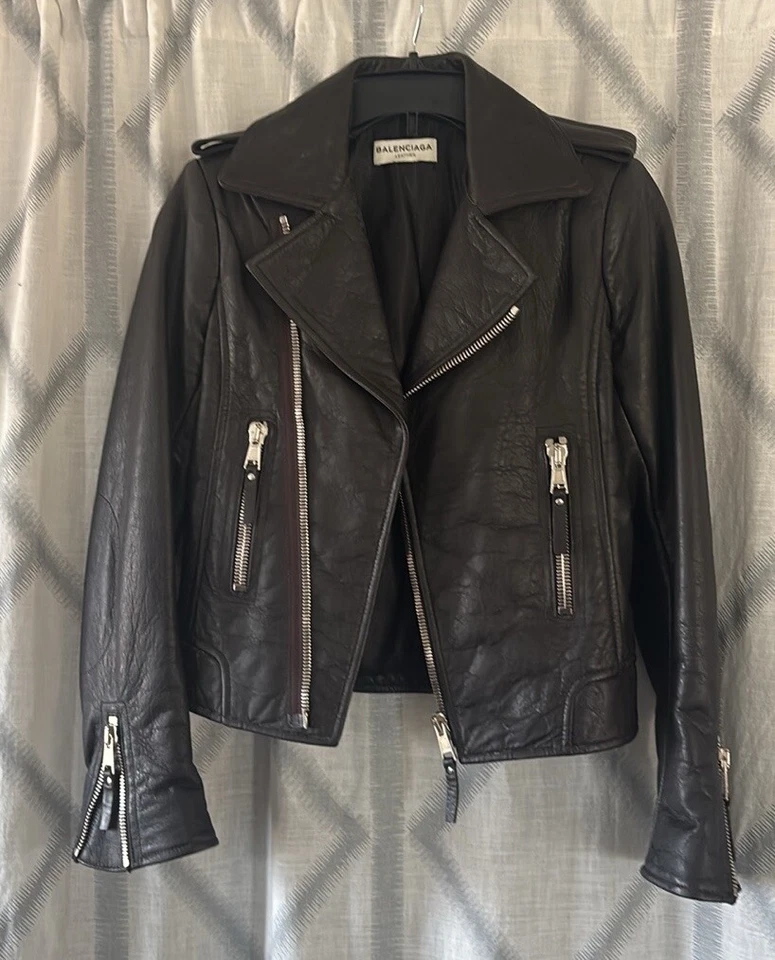 Chaqueta de Cuero Balenciaga Chaqueta Moto Genuina Marrón Oscuro Para Mujer FR 36 US 4 Foto 3 de 4
