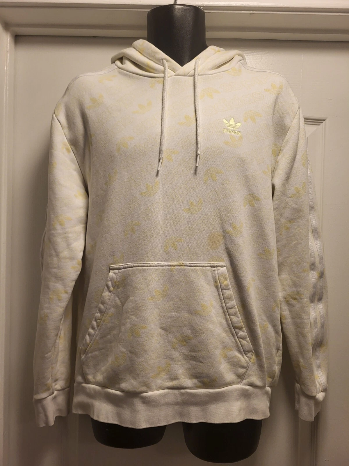 Adidas Felpa con Cappuccio Uomo Large Off White con Stampa Logo Giallo Neon All Over