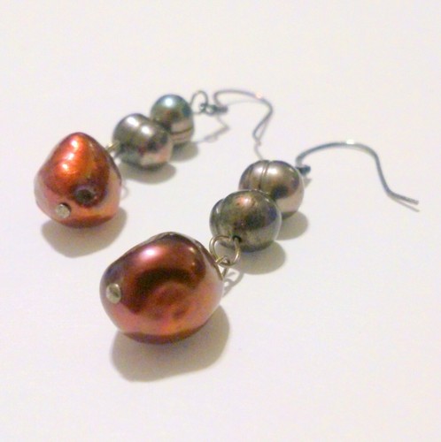 Sterling Silver Burgundy Gray Freshwater Pearl Drop Earrings - Picture 2 of 2