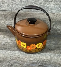 RARE VTG GHC Fancy Floral Tea Kettle Lid - Brown Enamel Orange & Yellow Flowers