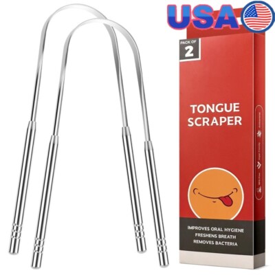 Metal Tongue Scraper 2 Pack Adults Oral Care Tongue Cleaner W/ Travel Case New