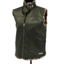 Guess Womens Faux Fur Vest Animal Print Reversible Full Zip Tan Green Medium