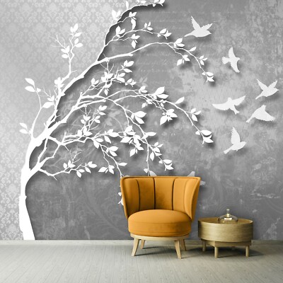 Fototapete Baum Vogel Abstrakt Grau Ornament Modern  VLIES TAPETE XXL 731