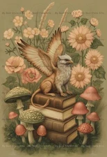 COQUETTE GRIFFIN ART PRINT, Fairytale Fantasy Wall Decor, Flower Mushroom Poster