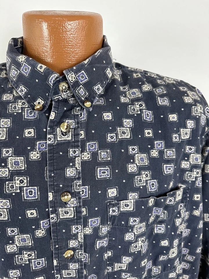 90s Trader Bay Shirt Men XL Navy Geometric Squares Long Sleeve Button Down VTG - Image 3 of 4
