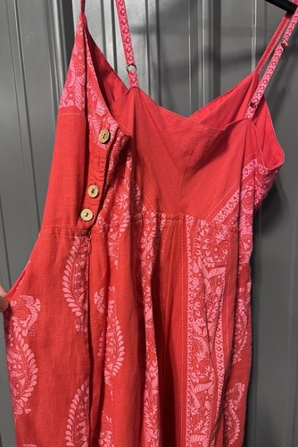 Free People Feel The Sun Jumpsuit Red Boho Print Linen Blend Cropped Wide Leg 10 - Picture 7 of 14