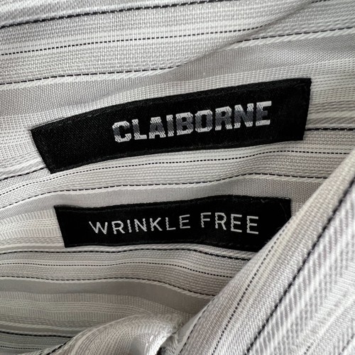 Liz Claiborne Mens Shirt 16 32/33 Gray White 100% Cotton Striped Button Front - Picture 4 of 8