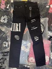Used Amiri Mx1 Silver Logo Distressed Silver Patches Black jeans In Size 38