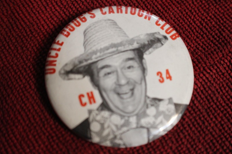 Rare Vintage Pin Back Button Uncle Doug's Cartoon Club TV Channel 34 California